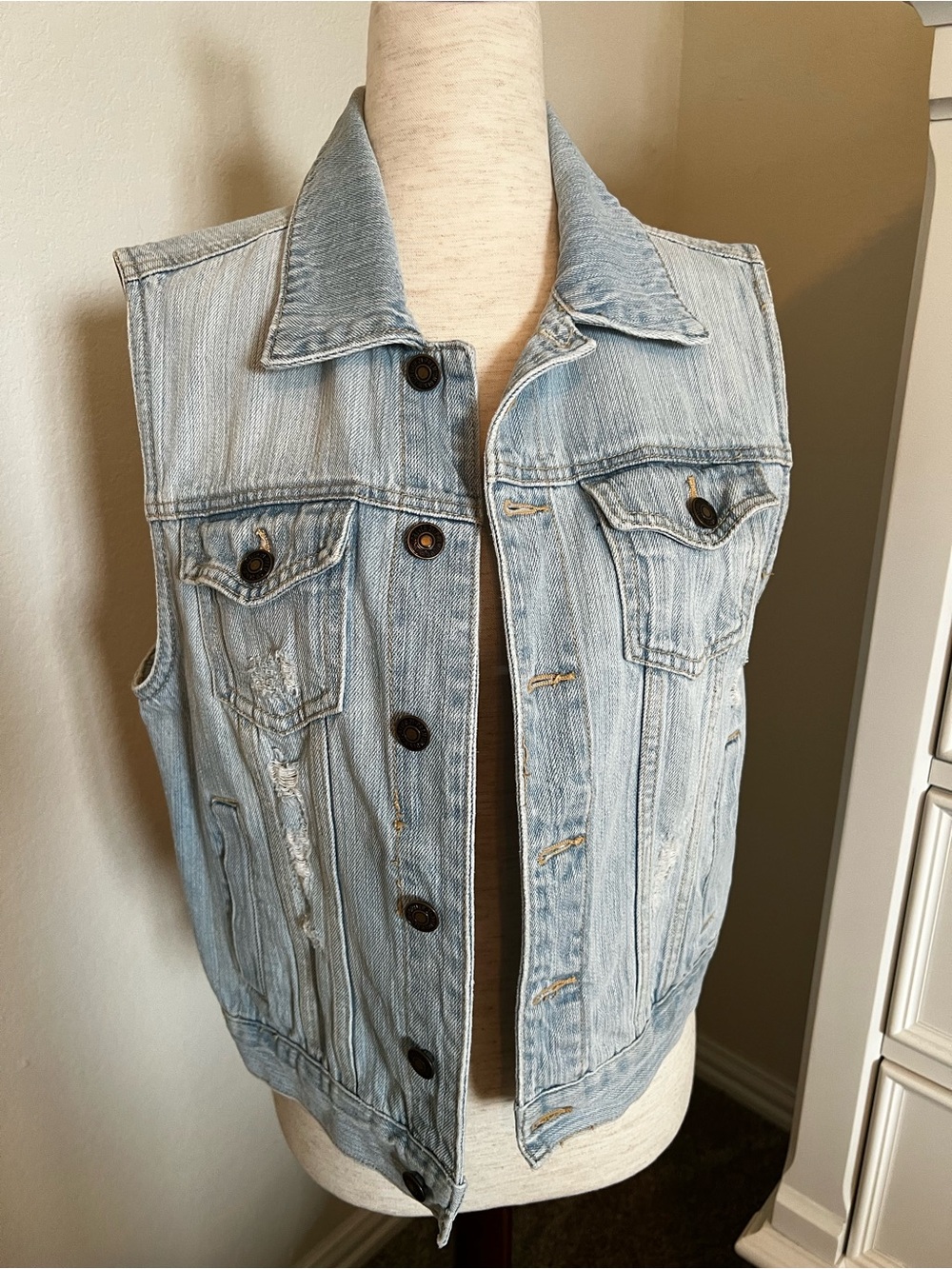 Forever 21 Light Wash Blue Distressed Denim Vest